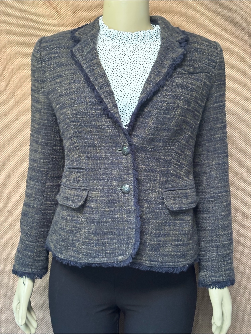 Banana Republic Sz 8P Tweed Fringe-Trim Blazer